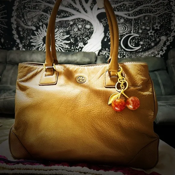 Tory Burch Tan Leather Tote with orange gold cherry keychain Charm - Picture 9 of 17